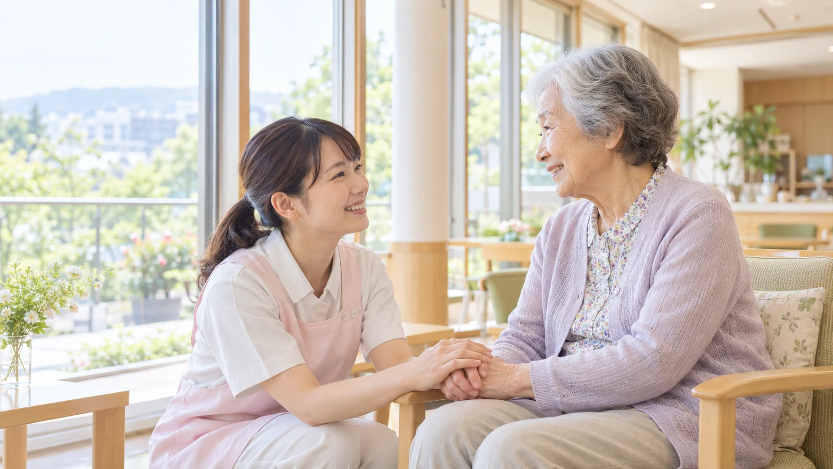 介護士と穏やかに過ごす入居者